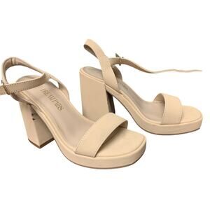 Dream Pairs Women Size 5 Tan Nude Faux Leather 4.5" Chunky Heel Open Toe Shoes